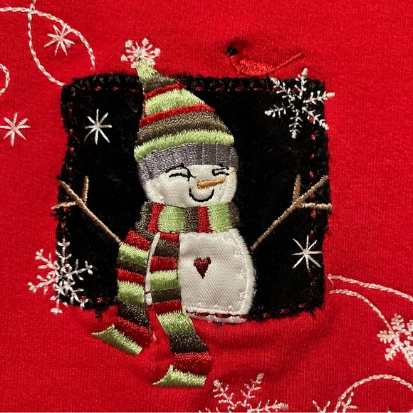Breckenridge Woman Embroidered Snowman Red Double Collar Crewneck Sweatshirt - Picture 6 of 9